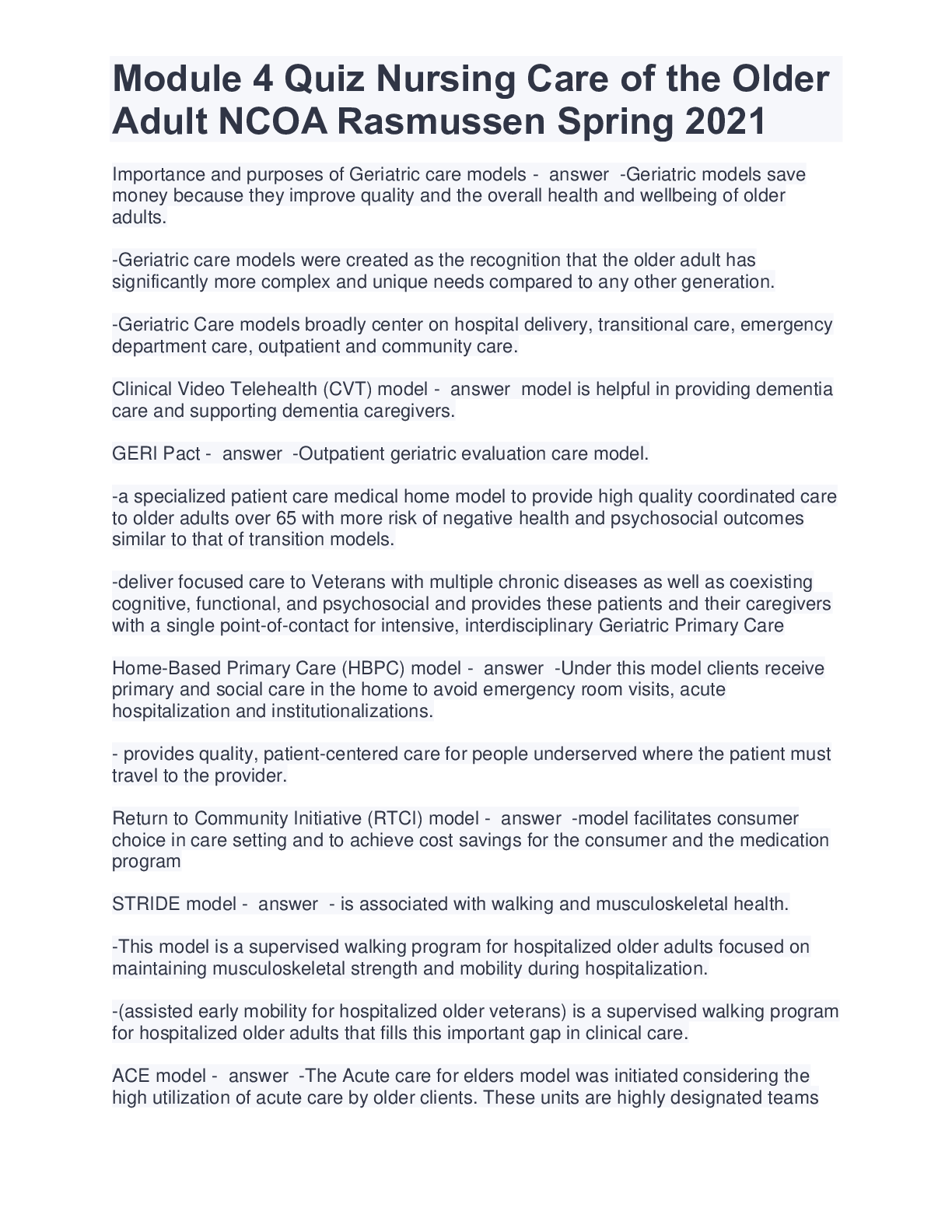 Preview image for Module 4 Quiz Nursing Care of the Older Adult NCOA Rasmussen Spring 2021